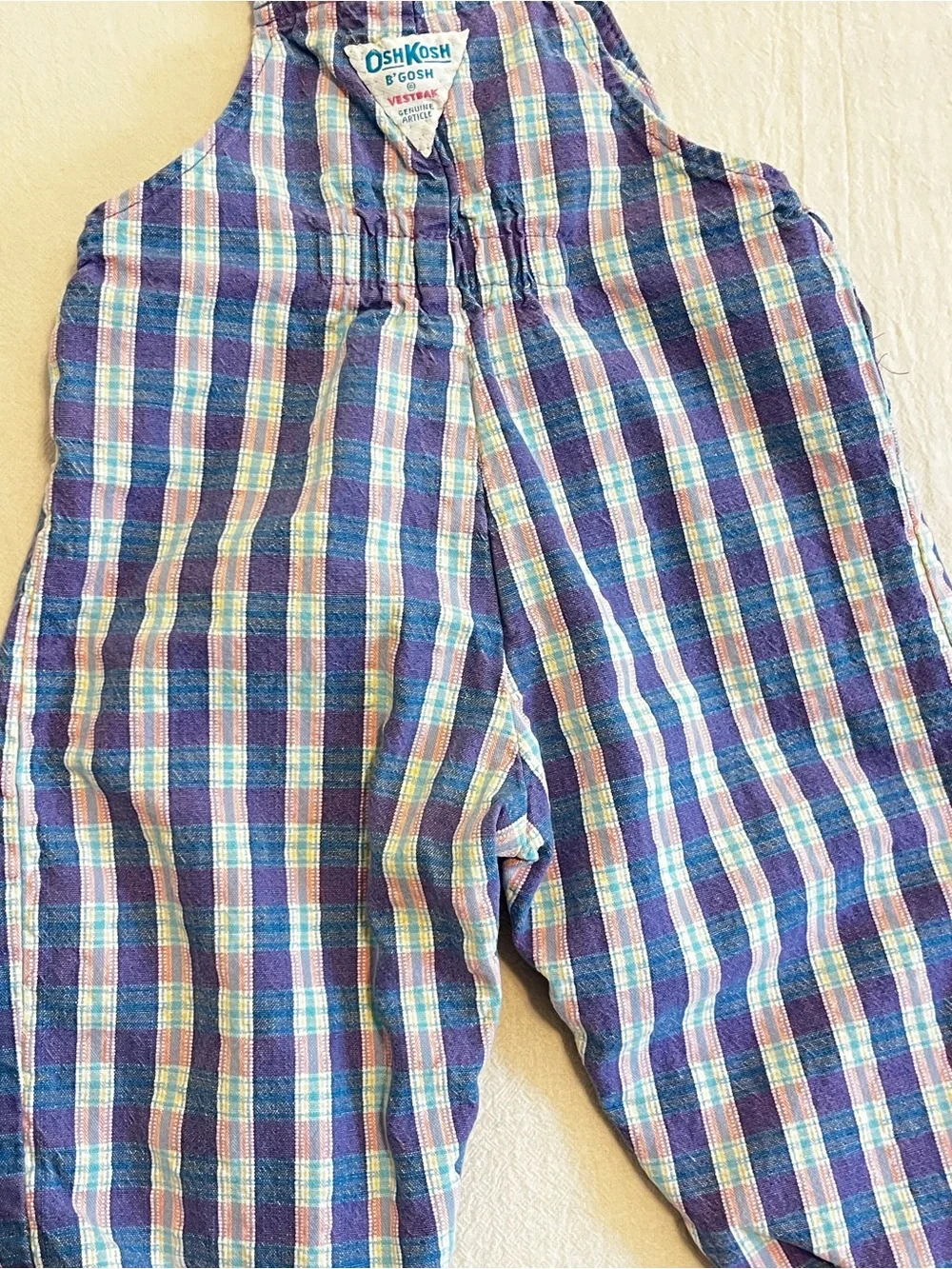 Vintage OshKosh B’Gosh 90s Plaid Overalls Baby USA Made Pink Blue Snap Romper